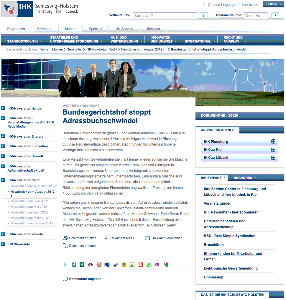 IHK-Schleswig-Holstein informiert über Bauernfängerei der Gewerbeauskunft-Zentrale und BGH-Urteil dazu