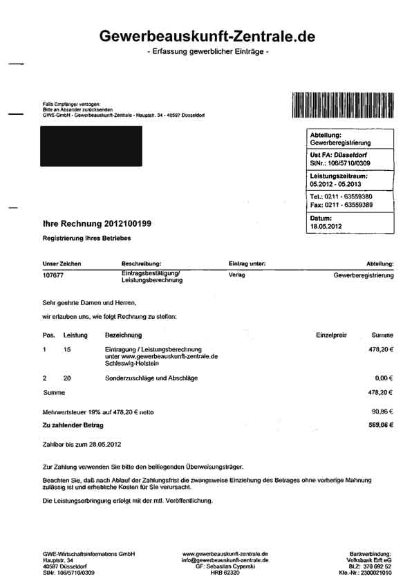Rechnung der Gewerbeauskunft-Zentrale für 1 Jahr